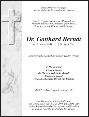 Todesanzeige von Gotthard Berndt von KREISZEITUNG SYKE