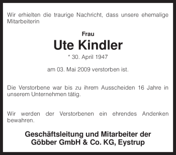 Todesanzeige von Ute Kindler von KREISZEITUNG SYKE