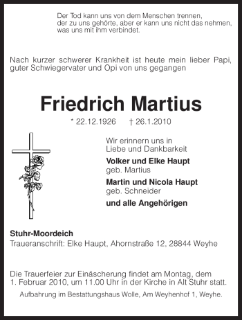 Todesanzeige von Friedrich Martius von KREISZEITUNG SYKE