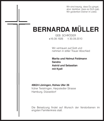 Todesanzeige von Bernarda Müller von KREISZEITUNG SYKE