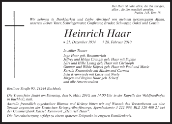 Todesanzeige von Heinrich Haar von KREISZEITUNG SYKE