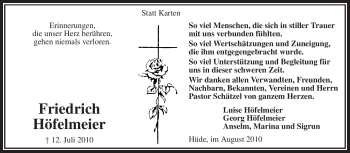 Todesanzeige von Friedrich Höfelmeier von KREISZEITUNG SYKE