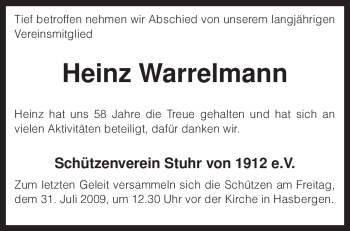 Todesanzeige von Heinz Warrelmann von KREISZEITUNG SYKE