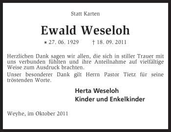 Todesanzeige von Ewald Weseloh von KREISZEITUNG SYKE