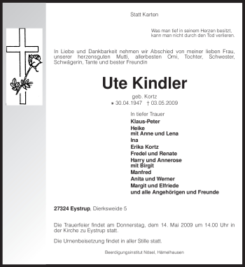 Todesanzeige von Ute Kindler von KREISZEITUNG SYKE