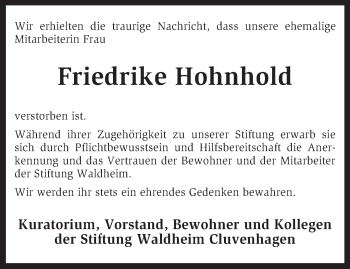 Todesanzeige von Friedrike Hohnhold von KRZ