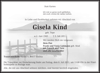 Todesanzeige von Gisela Kind von KREISZEITUNG SYKE