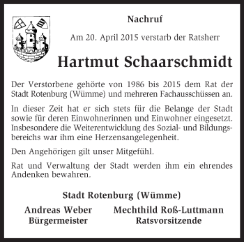Todesanzeige von Hartmut Schaarschmidt von KRZ