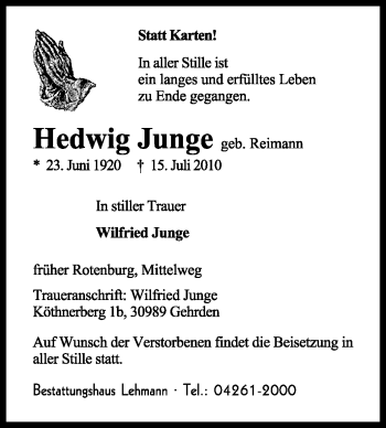 Todesanzeige von Hedwig Junge von KREISZEITUNG SYKE
