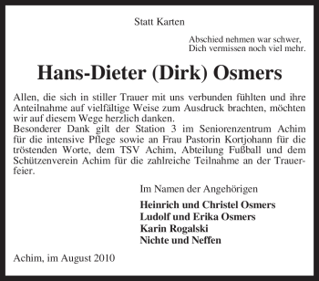 Todesanzeige von Hans-Dieter Osmers von KREISZEITUNG SYKE
