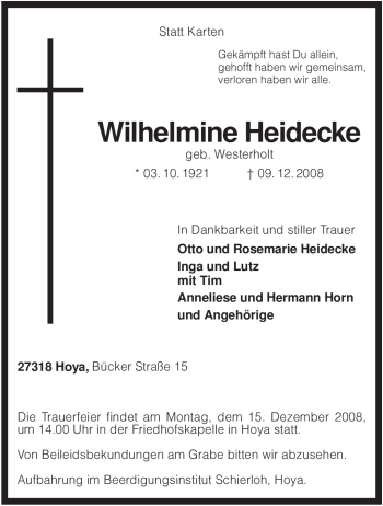 Todesanzeige von Wilhelmine Heidecke von KREISZEITUNG SYKE