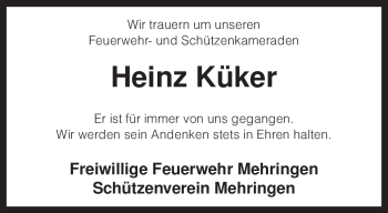Todesanzeige von Heinz Küker von KREISZEITUNG SYKE
