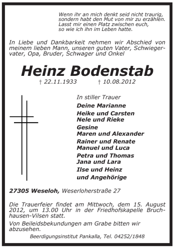 Todesanzeige von Heinz Bodenstab von KREISZEITUNG SYKE