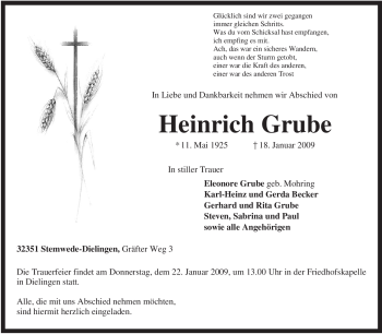 Todesanzeige von Heinrich Grube von KREISZEITUNG SYKE