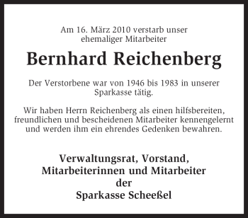 Todesanzeige von Bernhard Reichenberg von KREISZEITUNG SYKE