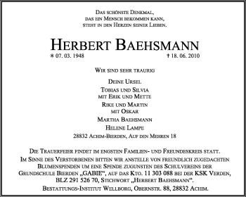 Todesanzeige von Herbert Baehsmann von KREISZEITUNG SYKE