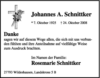 Todesanzeige von Johannes A. Schnittker von KREISZEITUNG SYKE