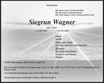 Todesanzeige von Siegrun Wagner von KREISZEITUNG SYKE