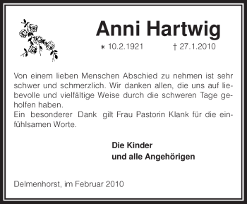 Todesanzeige von Anni Hartwig von KREISZEITUNG SYKE