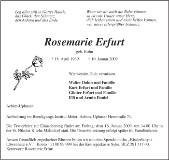 Todesanzeige von Rosemarie Erfurt von KREISZEITUNG SYKE