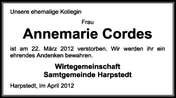 Todesanzeige von Annemarie Cordes von KREISZEITUNG SYKE