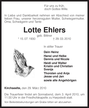 Todesanzeige von Lotte Ehlers von KREISZEITUNG SYKE
