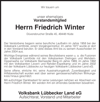 Todesanzeige von Friedrich Winter von KREISZEITUNG SYKE
