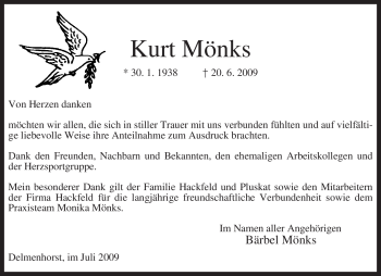 Todesanzeige von Kurt Mönks von KREISZEITUNG SYKE