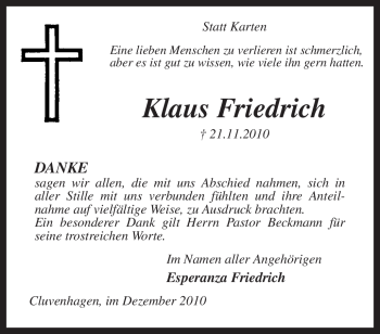 Todesanzeige von Klaus Friedrich von KREISZEITUNG SYKE