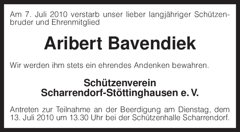  Traueranzeige für Aribert Bavendiek vom 09.07.2010 aus KREISZEITUNG SYKE