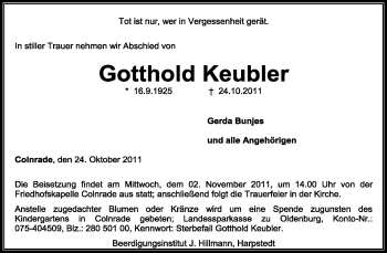 Todesanzeige von Gotthold Keubler von KREISZEITUNG SYKE