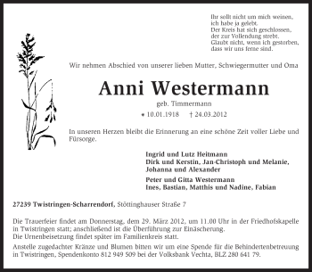 Todesanzeige von Anni Westermann von KREISZEITUNG SYKE