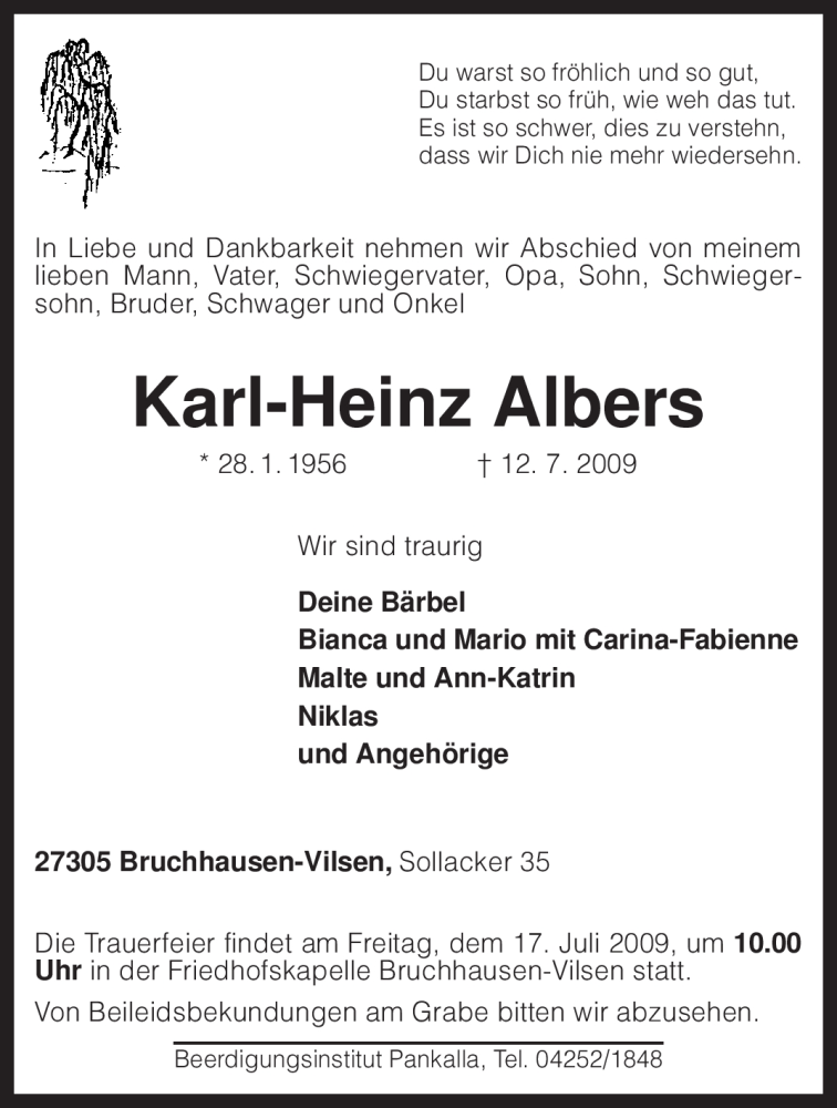  Traueranzeige für Karl-Heinz Albers vom 13.07.2009 aus KREISZEITUNG SYKE