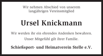 Todesanzeige von Ursel Knickmann von KREISZEITUNG SYKE