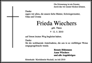 Todesanzeige von Frieda Wiechers von KREISZEITUNG SYKE