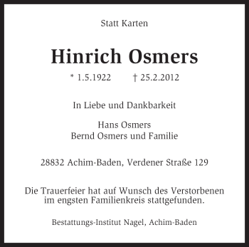 Todesanzeige von Hinrich Osmers von KREISZEITUNG SYKE