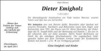 Todesanzeige von Dieter Emigholz von KREISZEITUNG SYKE