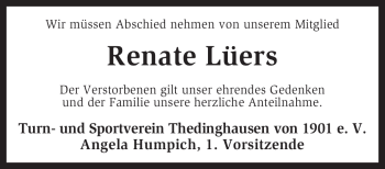 Todesanzeige von Renate Lüers von KREISZEITUNG SYKE