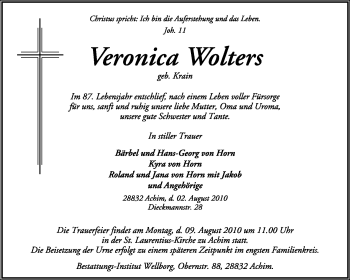 Todesanzeige von Veronica Wolters von KREISZEITUNG SYKE