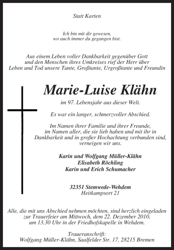 Todesanzeige von Marie-Luise Klähn von KREISZEITUNG SYKE
