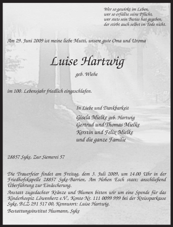 Todesanzeige von Luise Hartwig von KREISZEITUNG SYKE