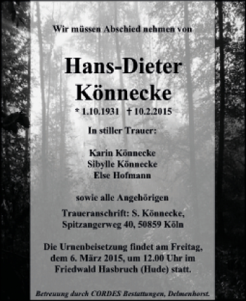 Todesanzeige von Hans-Dieter Könnecke von Kreiszeitung