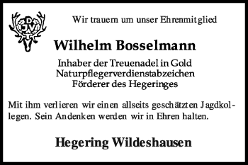 Todesanzeige von Wilhelm Bosselmann von KREISZEITUNG SYKE