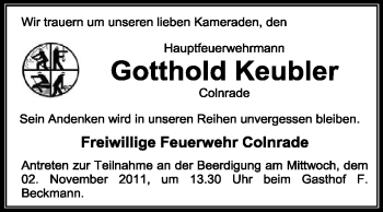 Todesanzeige von Gotthold Keubler von KREISZEITUNG SYKE