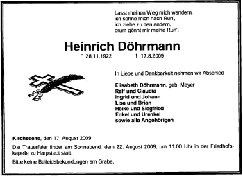 Todesanzeige von Heinrich Döhrmann von KREISZEITUNG SYKE
