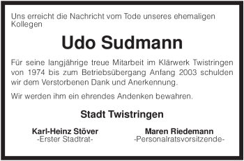 Todesanzeige von Udo Sudmann von KREISZEITUNG SYKE