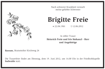 Todesanzeige von Brigitte Freie von KREISZEITUNG SYKE