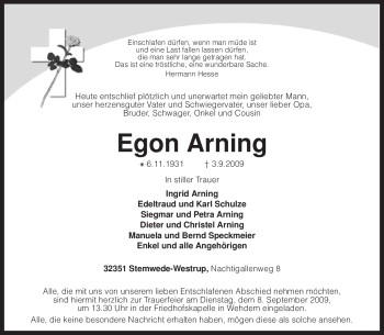 Todesanzeige von Egon Arning von KREISZEITUNG SYKE