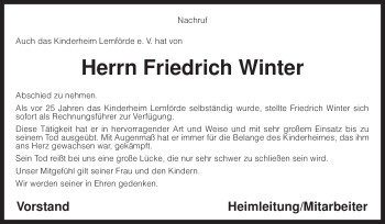 Todesanzeige von Friedrich Winter von KREISZEITUNG SYKE