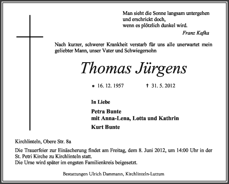  Traueranzeige für Thomas Jürgens vom 02.06.2012 aus KREISZEITUNG SYKE